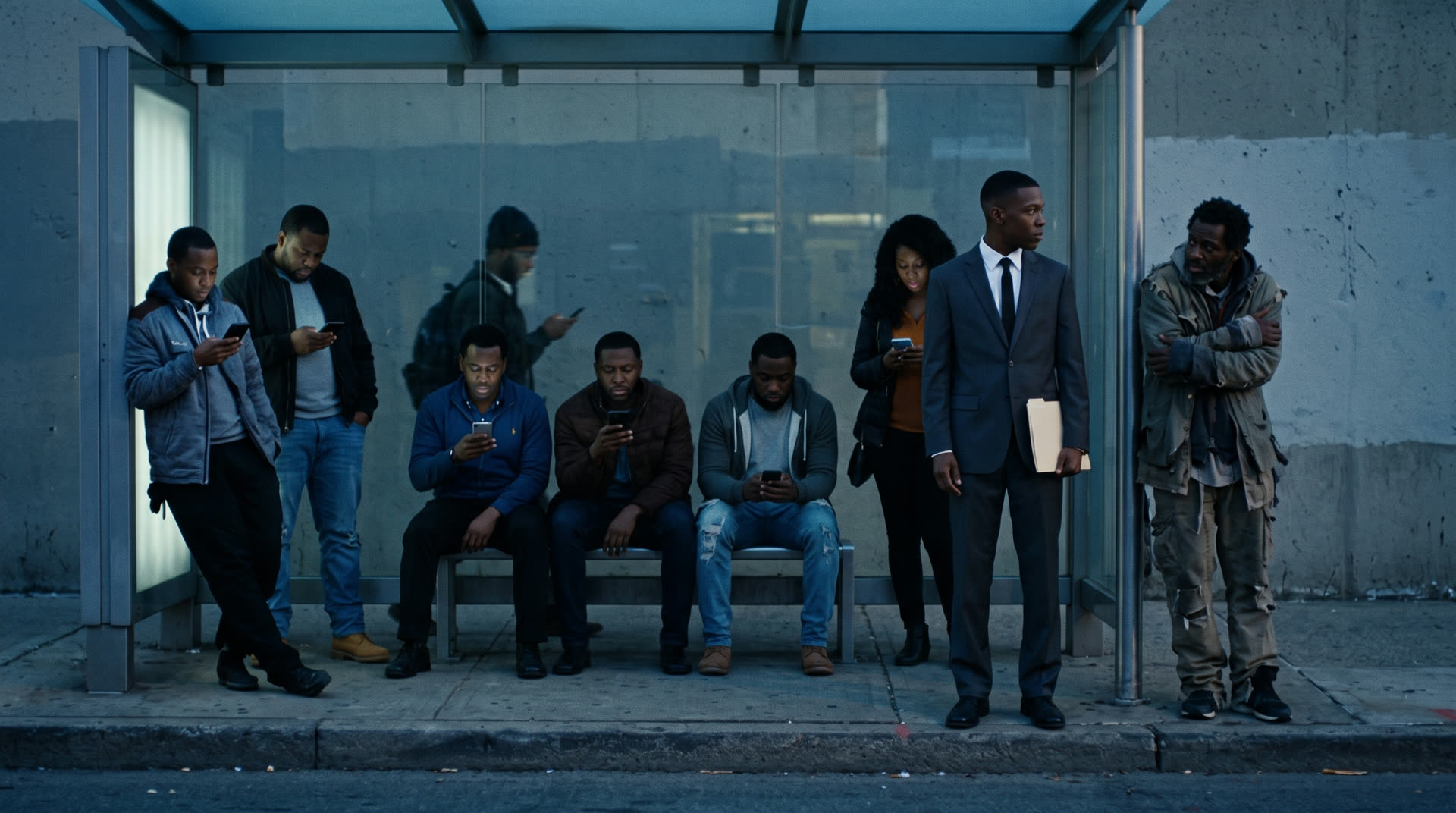 A bus stop at dawn, every face lit by a phone, Taevo the only one looking up
