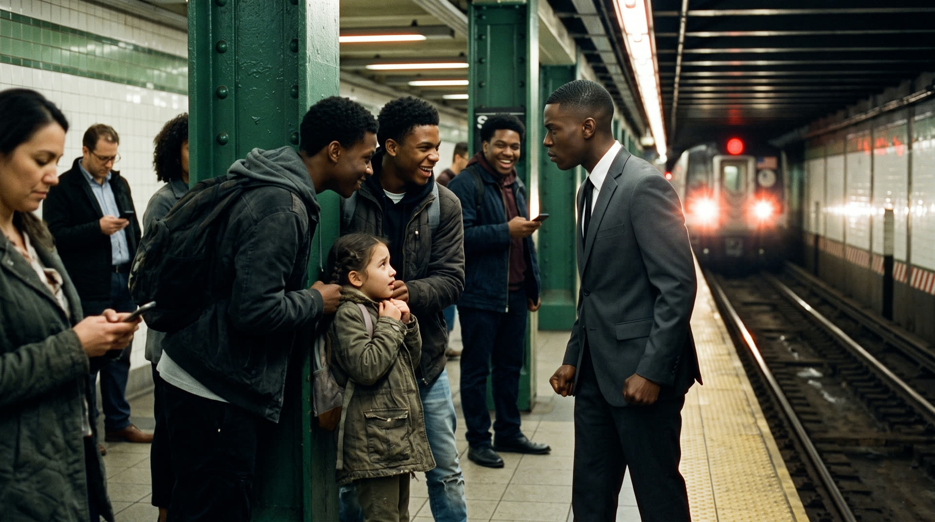 A knot of teenagers surrounds chloe, a frail girl on the edge of the platform.