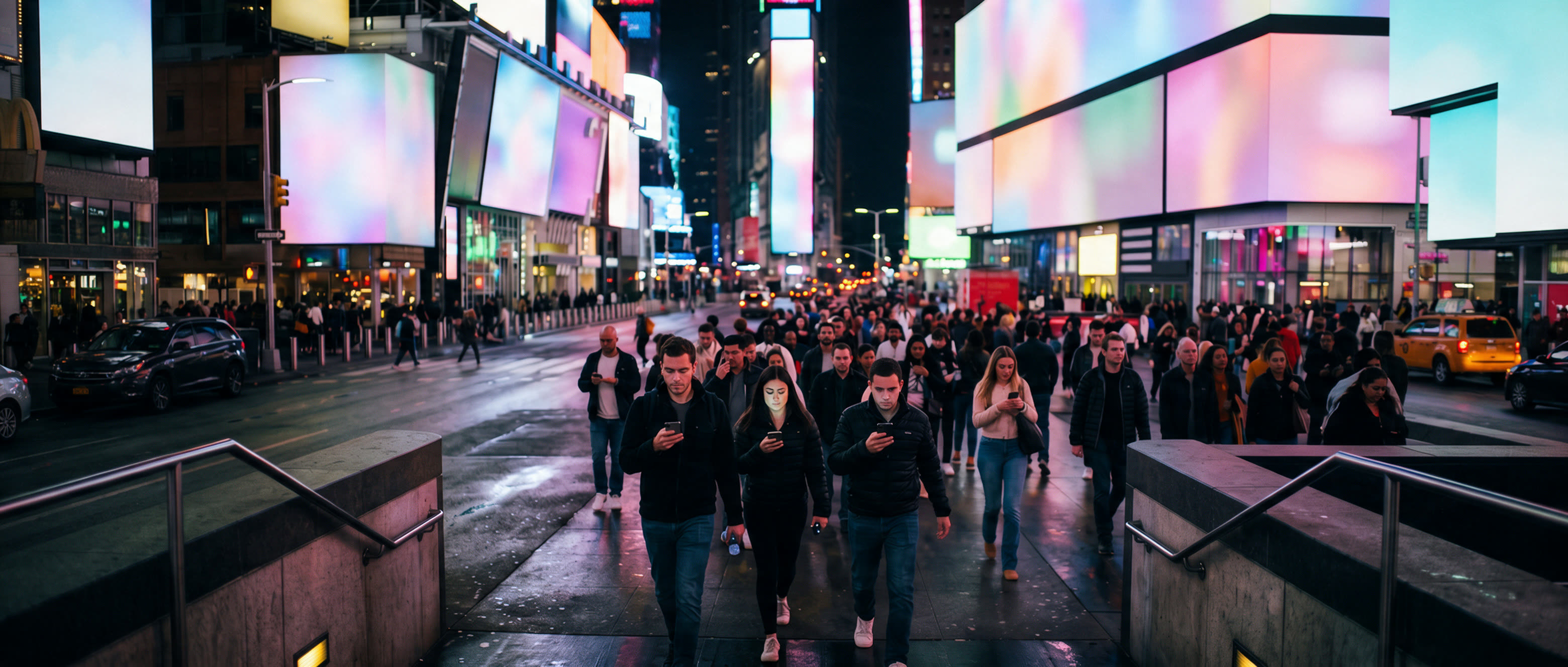 The packed intersection, hundreds of lit screens