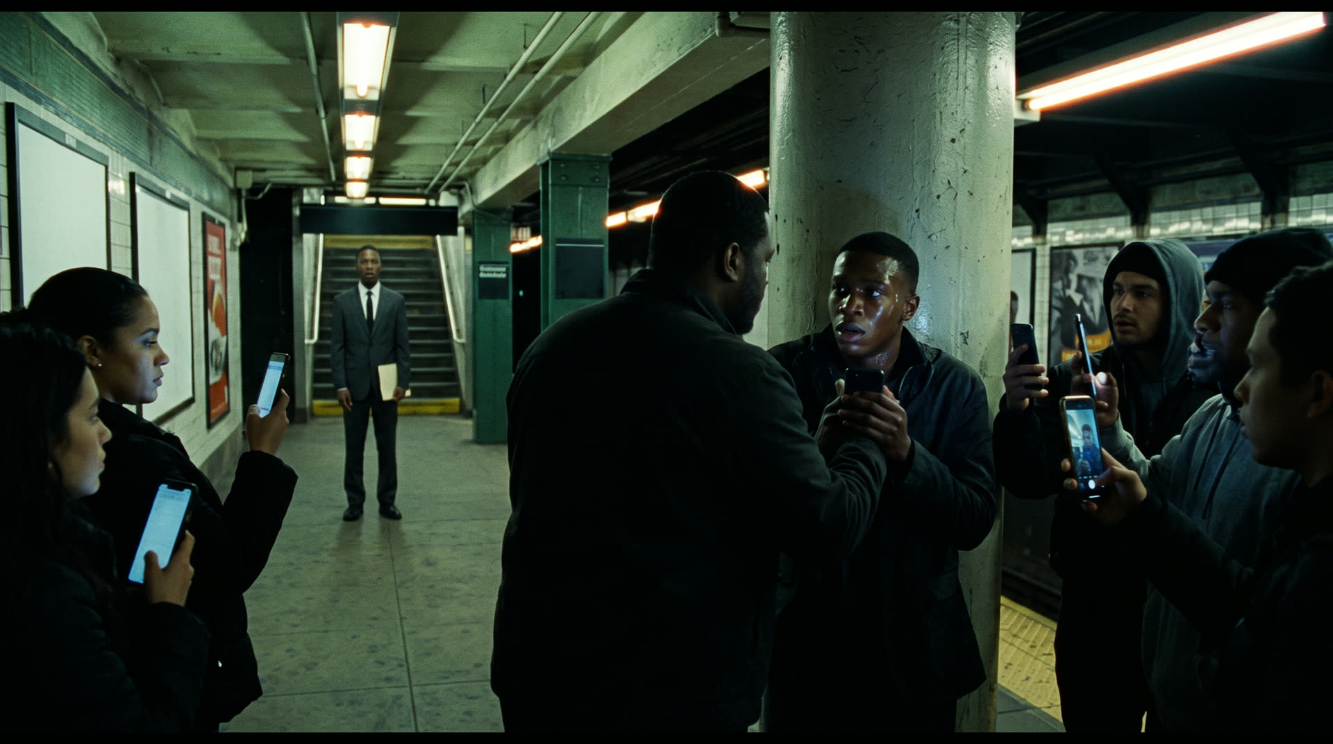 Around them, unseen, people are filming.