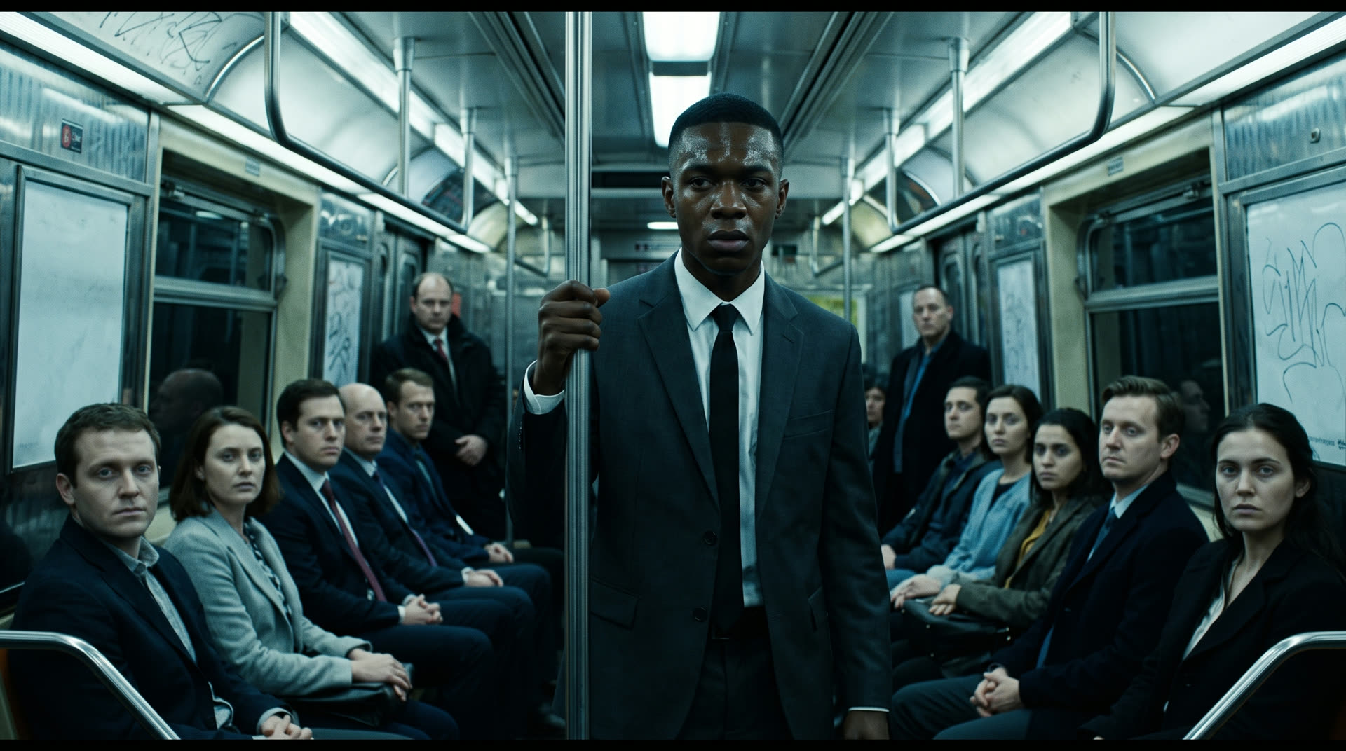A late subway car; every passenger staring, unblinking